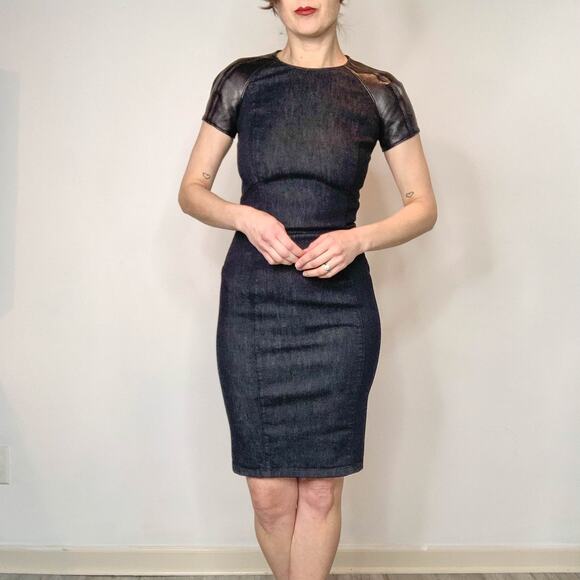 RALPH LAUREN BLACK LABEL denim bodycon mini dress lamb leather sleeve 2842 - Picture 2 of 13